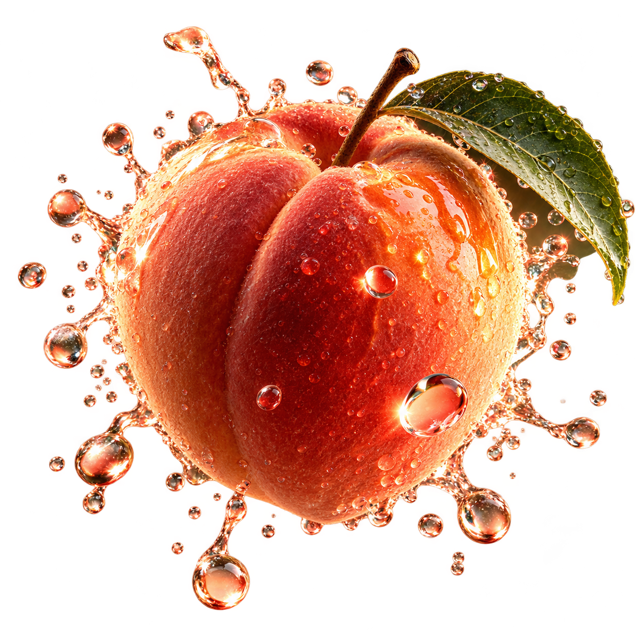 A ripe peach surrounded by sparkling water droplets